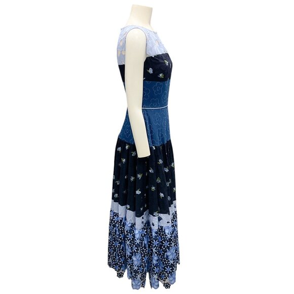 Talbot Runhof Blue Multi Broderie Anglaise-Inset Midi Dress - Picture 2 of 5